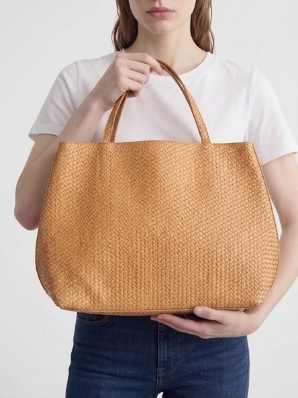 Reversible Faux Leather Weave Pattern Tote Bag in Tan - Spacious Everyday Carry